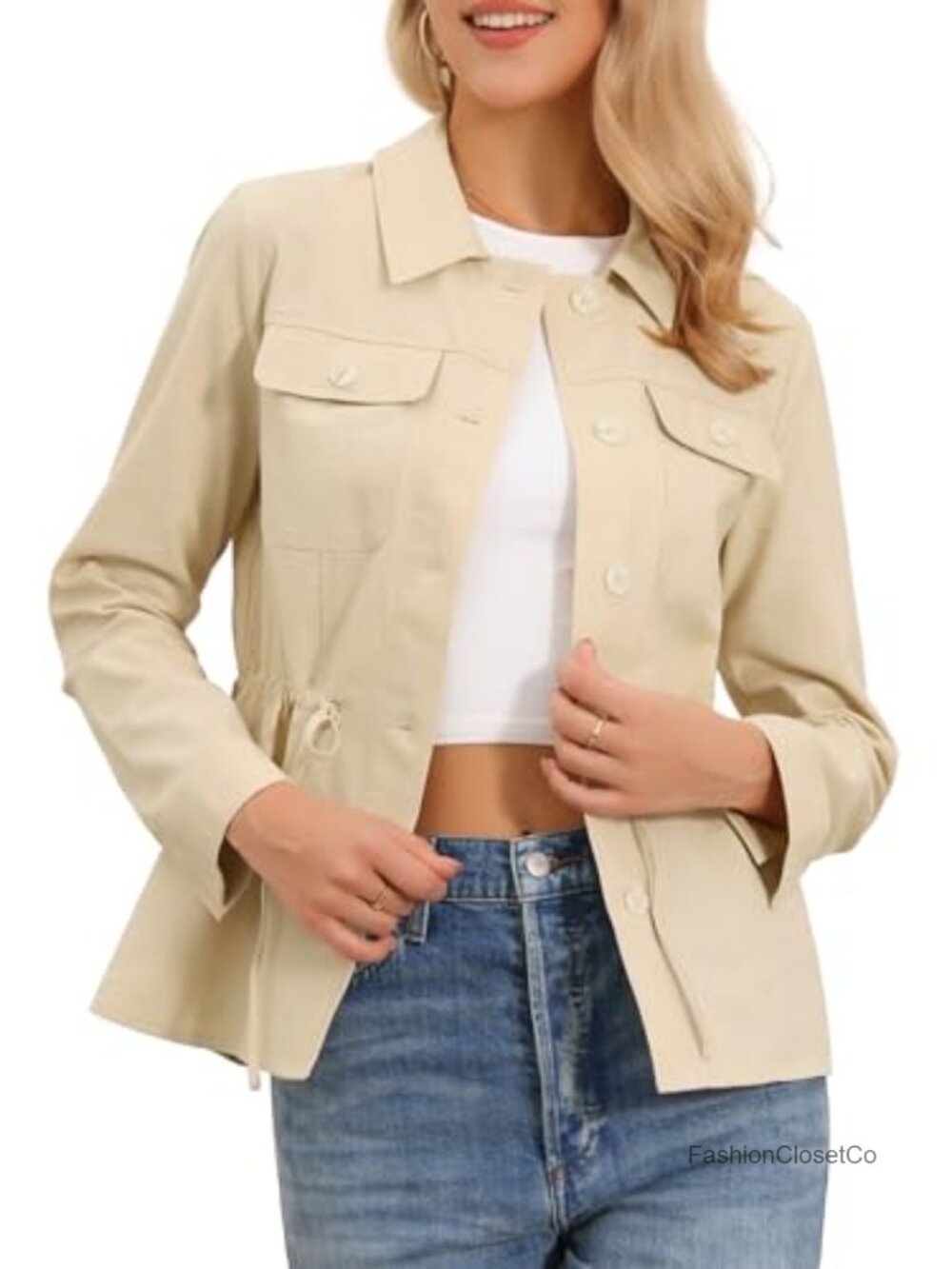 Women's Linen Cotton Utility Jacket, Button Down Drawstring Waist Anorak Spring